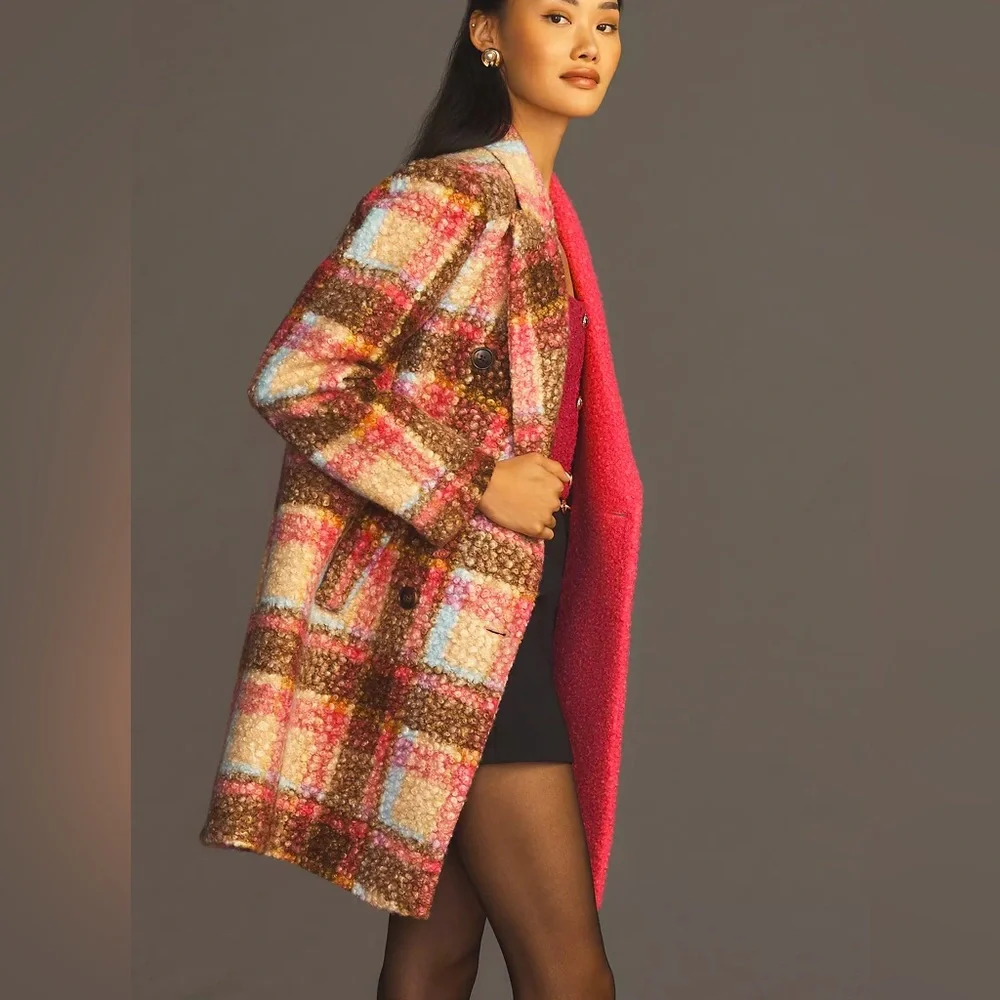 Anthropologie NVLT Plaid Houndstooth Fuchsia Pink Pea Coat Jacket XS 0 2 NWT 💖 - Picture 13 of 13